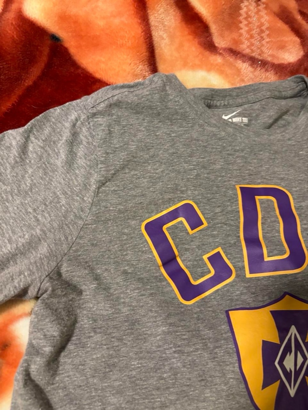 Nike Heather Gray Short Sleeve Tee with Purple & Gold Lettering